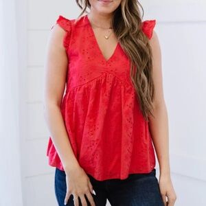 Andree by Unit Eyelet Cap Sleeve Babydoll Top L